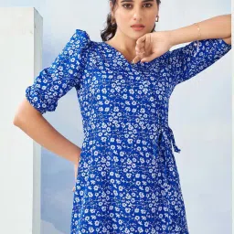 SELVIA Blue Printed A-Line Dress image 5