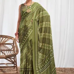 Satrani Green Printed Saree With Unstitched Blouse-picture-12