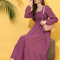 Honky Tonky Women Square Neck Smocked Fit & Flare Midi Dress-image-97