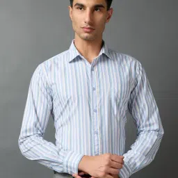 Daniel Hechter Blue Cotton Blend Regular Fit Stripes Formal Shirt-picture-18
