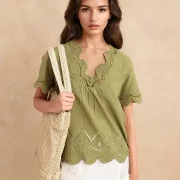 RAREISM Green Cotton Self Design Short Sleeves Top-image-44