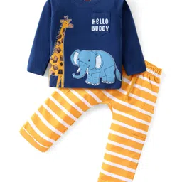 Babyhug Single Jersey Knit Full Sleeves T-Shirt & Pant Set with Striped Giraffe & Elephant Print - Blue & Yellow-picture-22