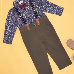 Pantaloons Baby Cotton Full Sleeves Floral Printed Shirt With Solid Trouser Suspender & Bow - Navy Blue-picture-21
