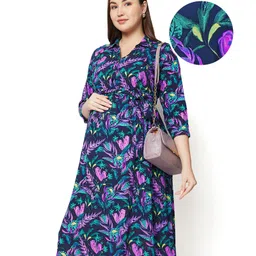 Bella Mama Woven Three Fourth Sleeves Floral Printed Maternity Dress with Fabric Belt - Navy Blue-picture-35