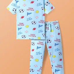 Pine Kids Single Jersey Knit Half Sleeves Night Suit With Sports Theme Print - Light Blue-picture-17