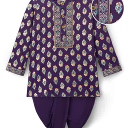 EARTHY TOUCH Single Jersey Knit Full Sleeves Kurta Dhoti Set With Foil Floral Print - Purple-picture-26