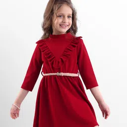 Hola Bonita Knit Full Sleeves Textured Solid Frock With Frill Detailing & Belt - Maroon-picture-10