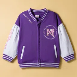 Babyhug Cotton Knit Full Sleeves Bomber Jacket With Text Print - Purple & White image 1