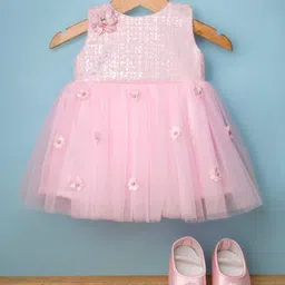 Bluebell Net Woven Sleeveless Party Frock With Bow Applique & Booties - Baby Pink-image-84