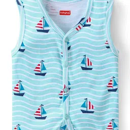 Babyhug 100% Cotton Knit Sleeveless Striped & Tiger Printed Anti Bacterial Front Open Vests Pack of 3 - Blue & Red image 2