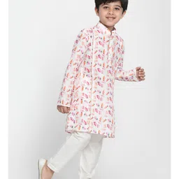 Vastramay Muslin Full Sleeves Feather Printed & Lace Embellished Kurta Pyjama Set - Cream image 4