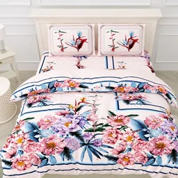 Myntra Elegant Homes Pink & Blue Floral 180 TC King Bedsheet with 2 Pillow Covers-image-4