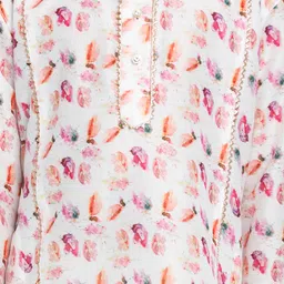 Vastramay Muslin Full Sleeves Feather Printed & Lace Embellished Kurta Pyjama Set - Cream image 5