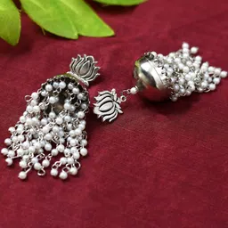 JOHARKAMAL German Silver Plated Artificial Beaded Oxidised Dome Shaped Jhumkas image 3