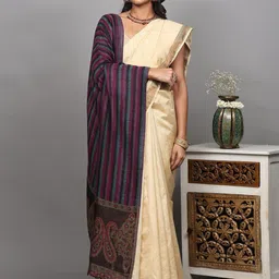 Exotic India Reversible Two-Ply Shawl With Woven Stripes And Paisleys Palla From Amritsar-image-60