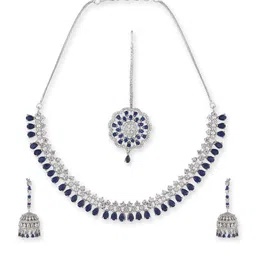 Manuvi Jewels Women Blue Silver-Plated American Diamond Necklace Earrings & Maang Tikka-picture-38