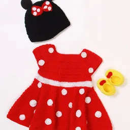USHA ENTERPRISES Short Sleeves Polka Dot Crochet Embroidered Sweater Dress With Cap & Booties - Red-picture-11