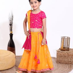 Babyhug Sleeveless Embroidered Choli & Lehenga With Dupatta - Yellow Pink-image-109