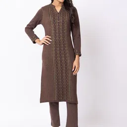 KEIKO Ethnic Motifs Woven Design Mandarin Collar Acrylic Straight Kurta with Trousers image 1