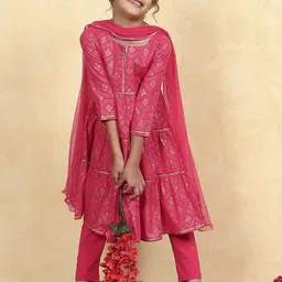 Biba Girls Floral Printed Regular Pure Cotton Kurta with Trousers & With Dupatta image 4