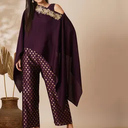 Globus Purple Round Neck Top & Palazzo With Poncho image 1