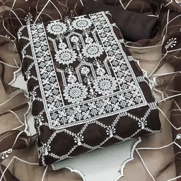 Panzora Floral Embroidered Thread Work Organza Unstitched Dress Material image 4