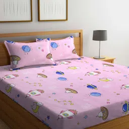 Aura Pink & Blue Cartoon Characters 300 TC King Bedsheet with 2 Pillow Covers-picture-27