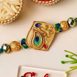 eCraftIndia Artfificial Stones Studded And Beaded Peacock Feather Rakhi-picture-51