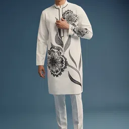 KALKI Fashion Floral Embroidered Organic Cotton Thread Work Straight Kurta With Trousers-picture-10