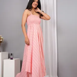 VYMO Women Striped Smocked High Low Hem A-Line Midi Dress image 5