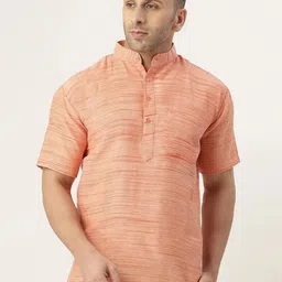 Aaryavar Striped Woven Design Mandarin Collar Thread Work Khadi Straight Kurta-picture-40