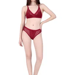 Piylu Women Maroon Solid Net & Lace Fabric Bra & Panty Set image 3