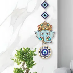 DALUCI Blue & Navy Blue Ganesh Face Printed Wooden Wall Decor image 5