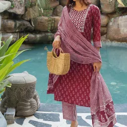 KALINI Women Paisley Printed Regular Mirror Work Pure Cotton Kurta with Trousers & Dupatta image 2