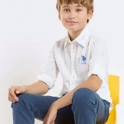 U.S. Polo Assn. Kids Boys Classic Fit Spread Collar Abstract Printed Cotton Casual Shirt-picture-2