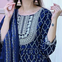 KALINI Bandhani Printed Round Neck Sequinned Anarkali Kurta With Trousers & Dupatta image 3