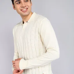 raymond Men Self Design Collared Neck White Sweater image 2