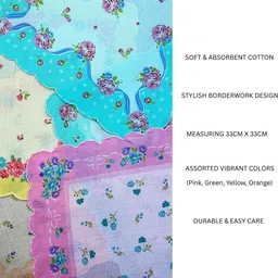 Gopika Cotton Handkerchiefs with Border Design - 33x33cm (Pink, Green, Yellow, Orange) ["Multicolor"] Handkerchief image 3