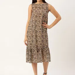 MELOSO Beige & Black Animal Print A-Line Midi Dress-picture-36
