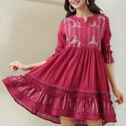 Ishin Women Embroidered Cotton Fit & Flare Dress-image-6