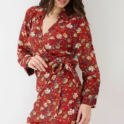 Globus Collared V-Neck Cuffed Sleeves Allover Floral Print Mini Tie-Up Wrap Dress-picture-15