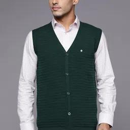 Louis Philippe Men Green Self-Striped Cardigan-image-21