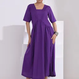 SIDDHO HUM Women Square Neck Pleated Detail Fit and Flare Maxi Dress-image-84