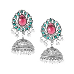Shining Jewel - By Shivansh Silver-Plated Cubic Zirconia And Pearls Studded Jhumkas image 4