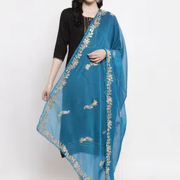 Clora Creation Turquoise Blue & Gold-Toned Woven Design Dupatta image 1