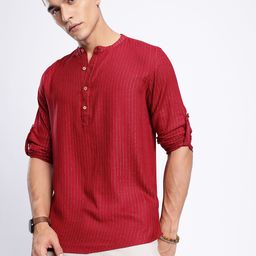 Anouk Rustic Band Collar Striped Roll-Up Sleeves Kurta-picture-44