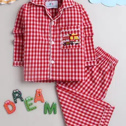 Knitting Doodles Full Sleeves Yarn Dyed Gingham Checked & Fire Truck Embroidered Night Suit - Red-image-17