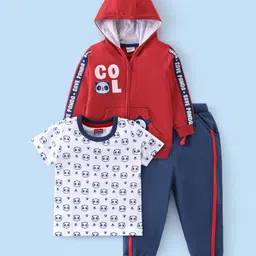 Babyhug Cotton Knit Half Sleeves T-Shirt & Lounge Pant Set with Hoodie Panda Print - Red White & Blue-image-12