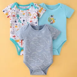 OHMS Single Jersey Knit Half Sleeves Onesies with Zebra & Dino Print Pack of 3 - Blue Grey & White (Print May Vary) image 1