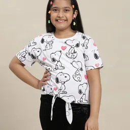 Kidsville Peanuts Featuring Half Sleeves Snoopy Printed Front Tie Up Tee - White-picture-12